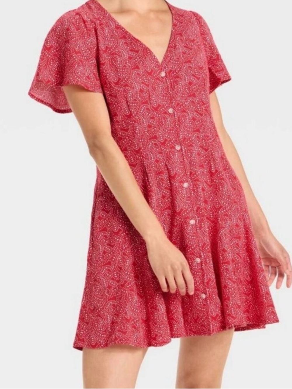 Red Star Print Button Front Mini Dress V Neck Flowy Universal Thread XL